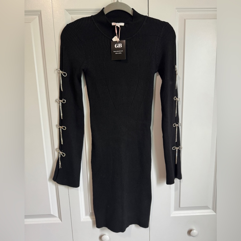 Gianni Bini Black Long Sleeve Dress Mock Neck with Bow Accents Size Small